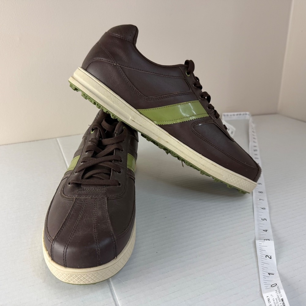 CROCS - Men's Brown & Green Stripe Leather Golf Shoes - Size 12.5 Sporty Stripe